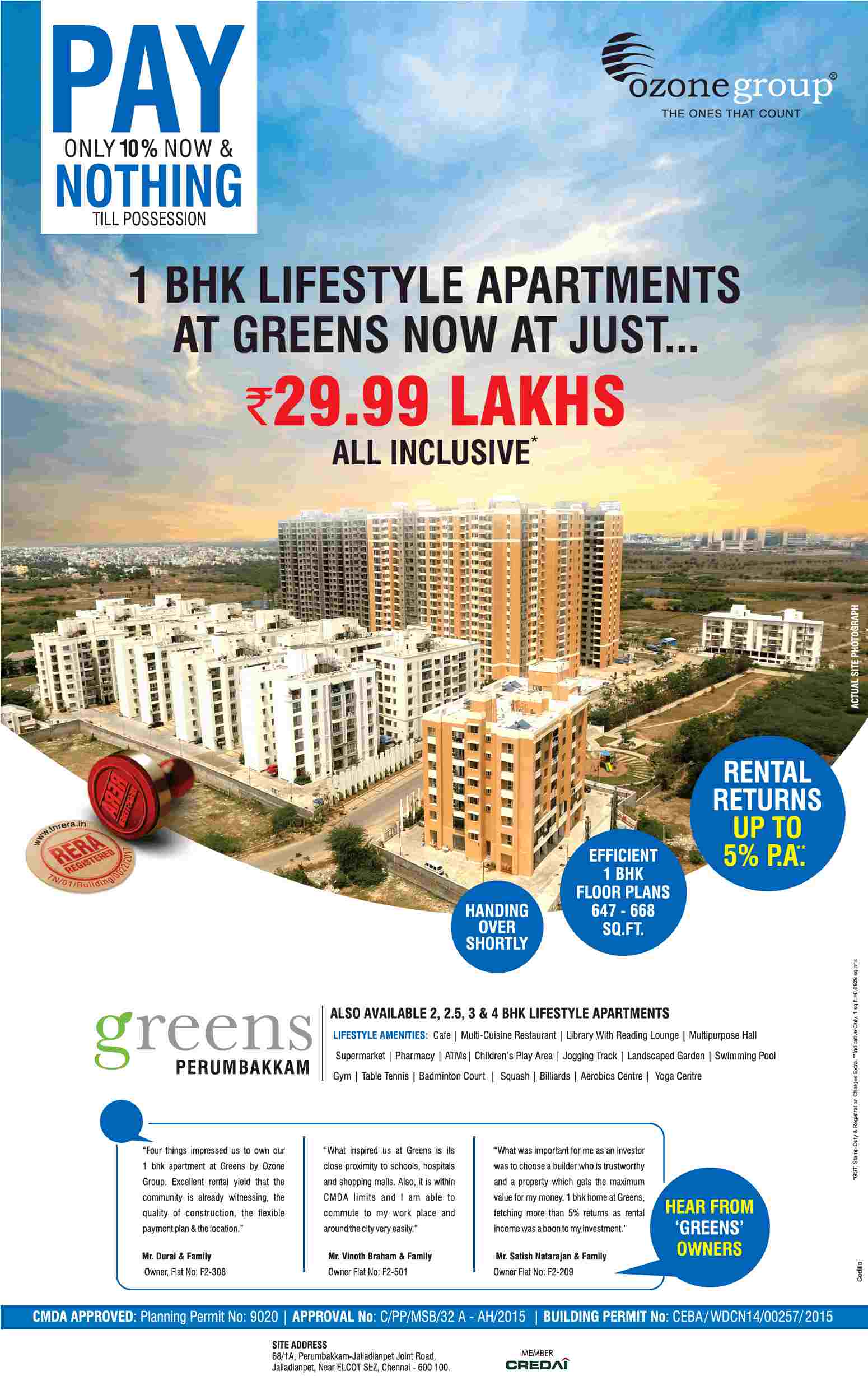 Earn rental returns up to 5% per annum at Ozone Greens in Chennai